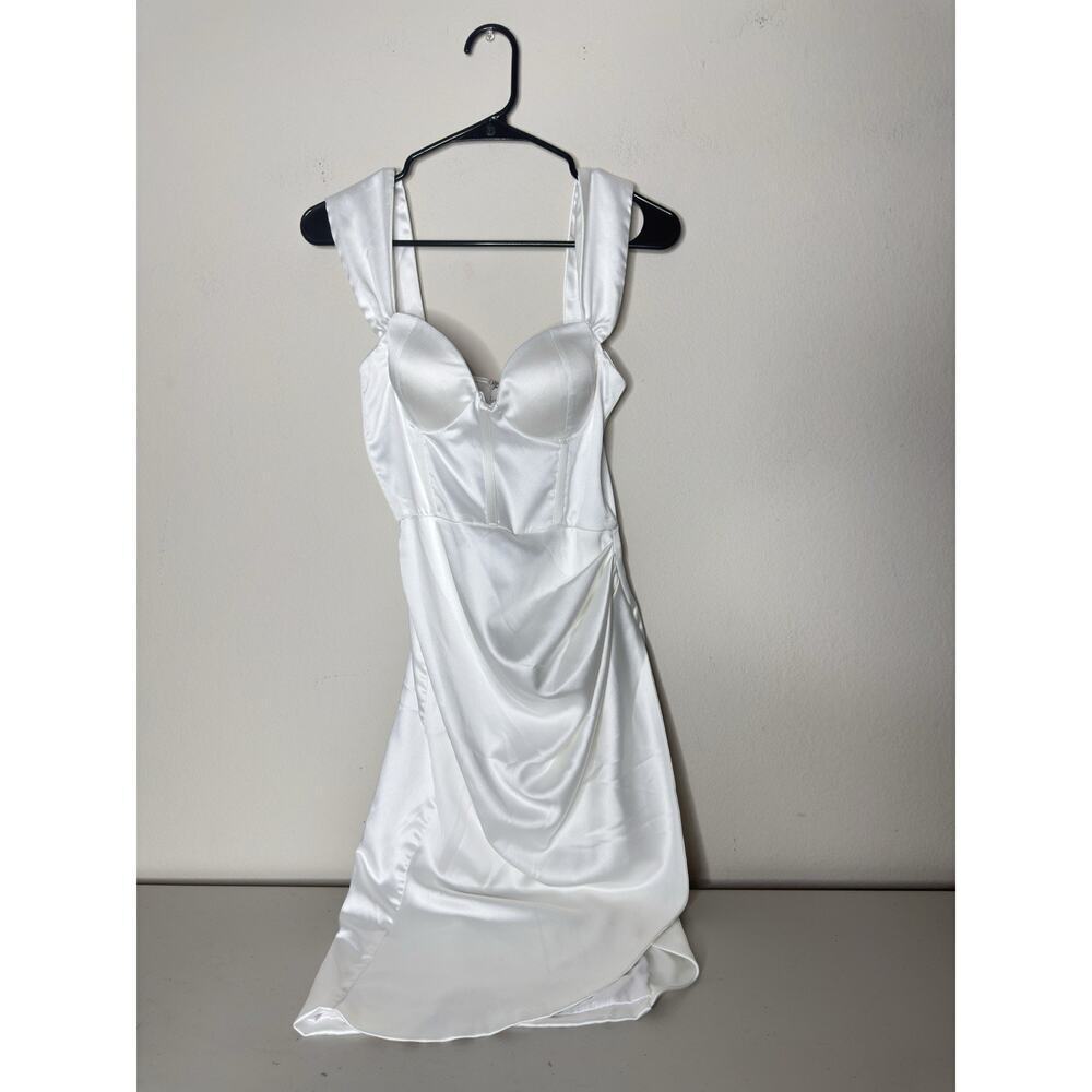 Miss Circle $185 Hedy Sz S White Satin Corset Mini Dress Ruch Mini Slit Silky - Picture 5 of 13